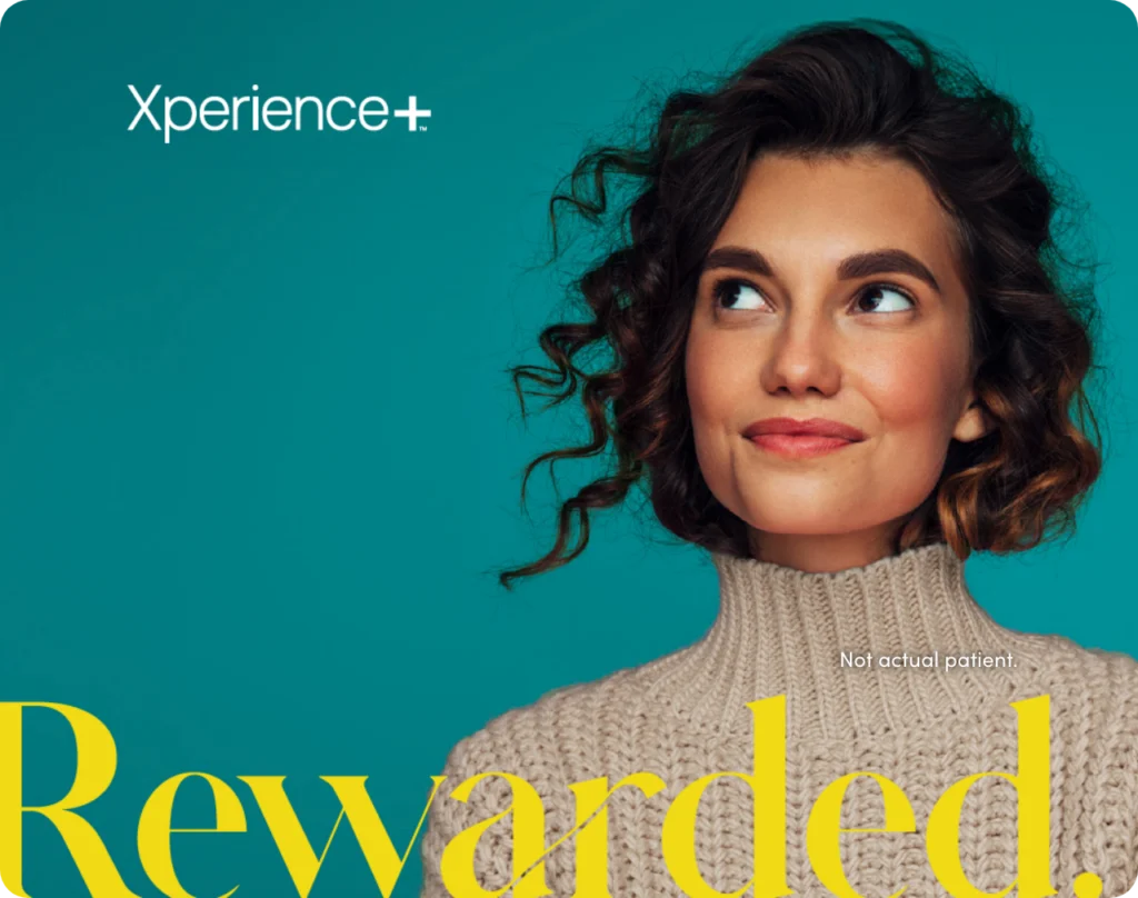 Woman on teal background with Xperience+ and Rewarded text